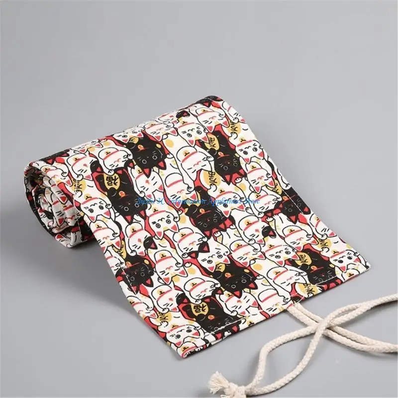  12/24/36/48 Holes Canvas Pencil Case Pencil Roll Bag Lovely Animal Pencil Wrap