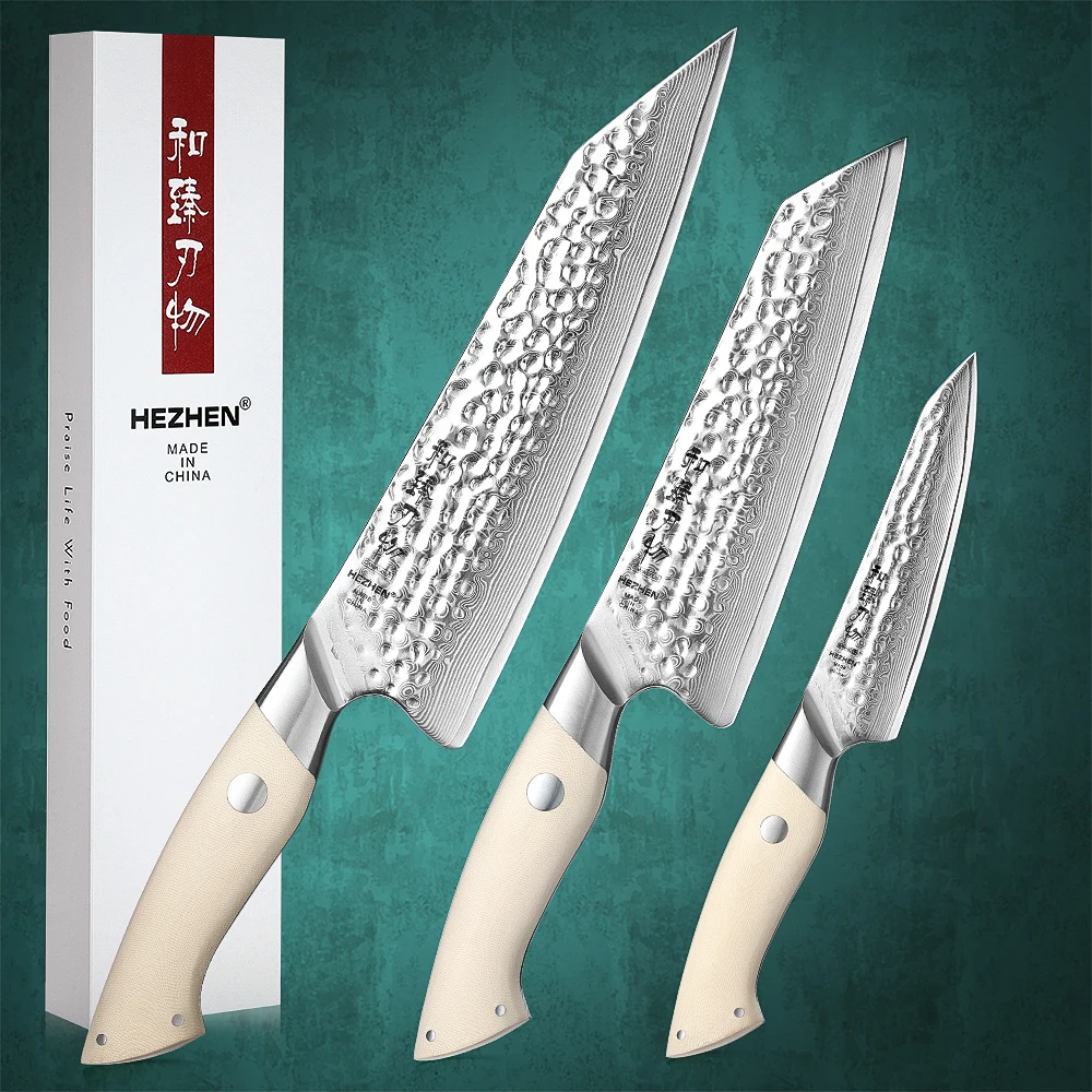 

HEZHEN 3PC Knife Set Chef Knife Utility Knife 67 Layers Damascus Steel Kitchen Santoku Knives Cooking Tools Cutlery