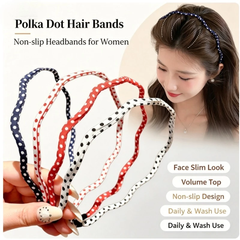 Polka Dot Thin Headband Women Fabric‑Wrapped Wavy Hairband Vintage Daily Hair Decor Multi‑color Hair Accessories