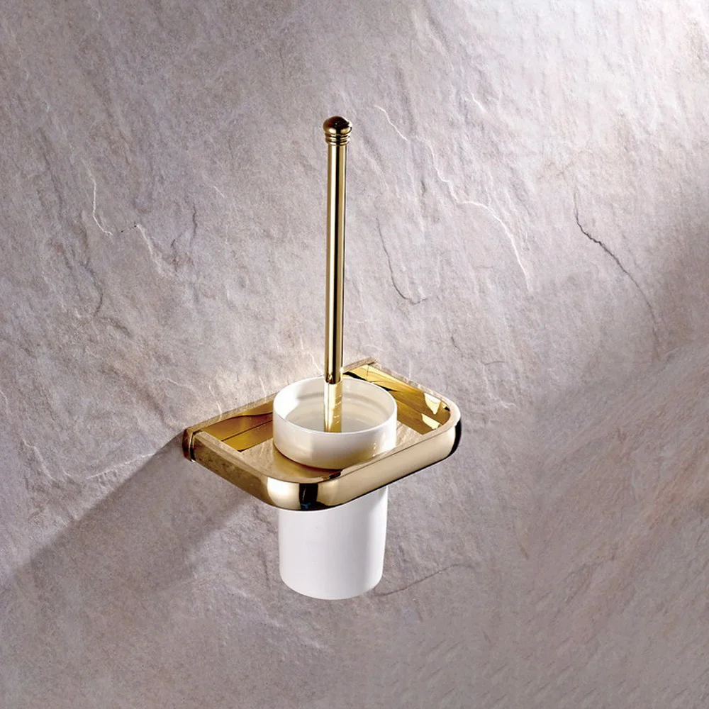 

Golden Brass Bathroom Accessories Toilet Brush Holders with cup set Wall Mounted Brush Holder Sanitary wares Nba845