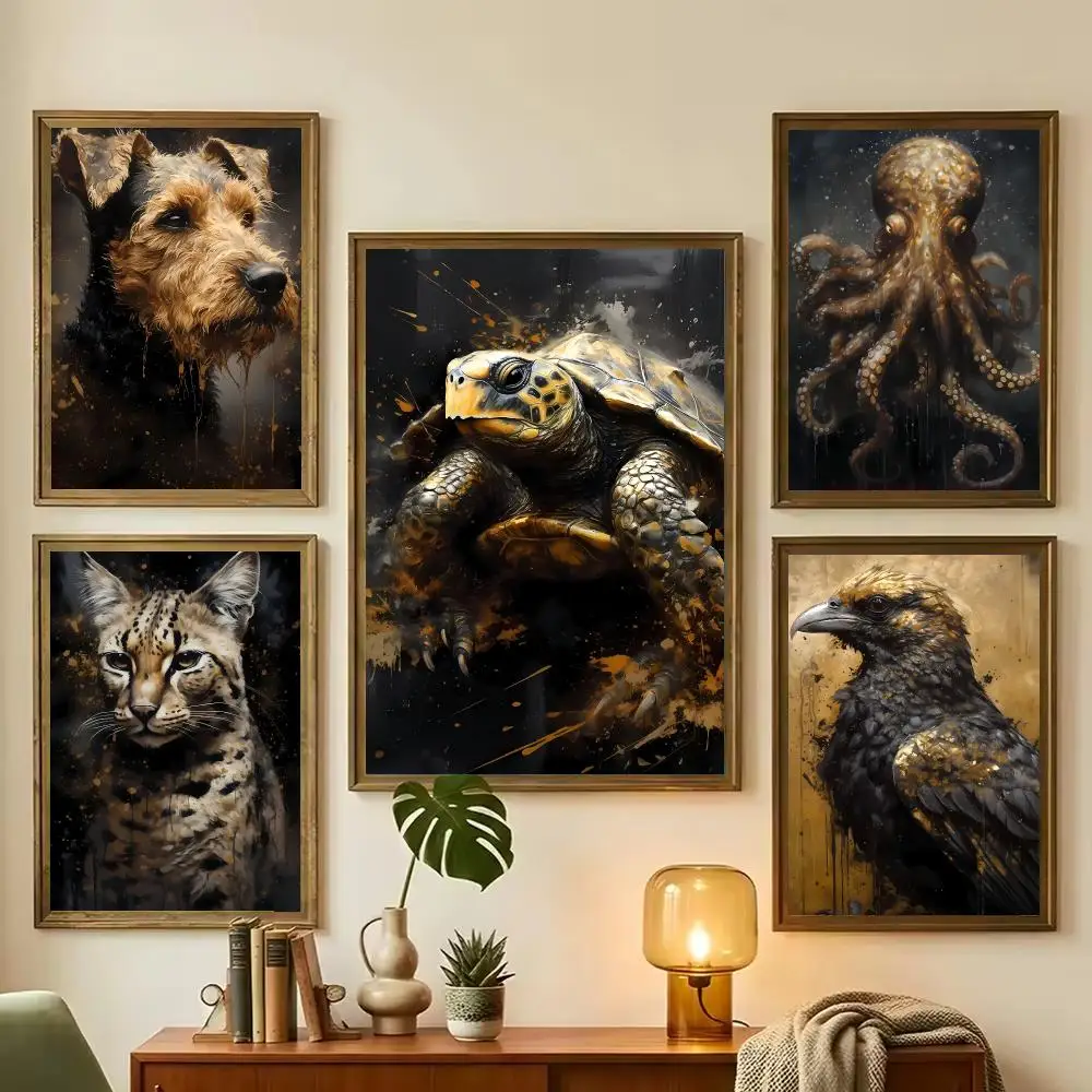 Black Gold Animal Poster Zebra Cat Dog Panda Owl Bear Elephant Wall Art Home Decor Poster HD