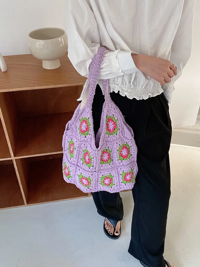 knitted woven shoulder bag woman summer bag beach for girls floral crochet tote bag large fashion shopping bag 2024 new