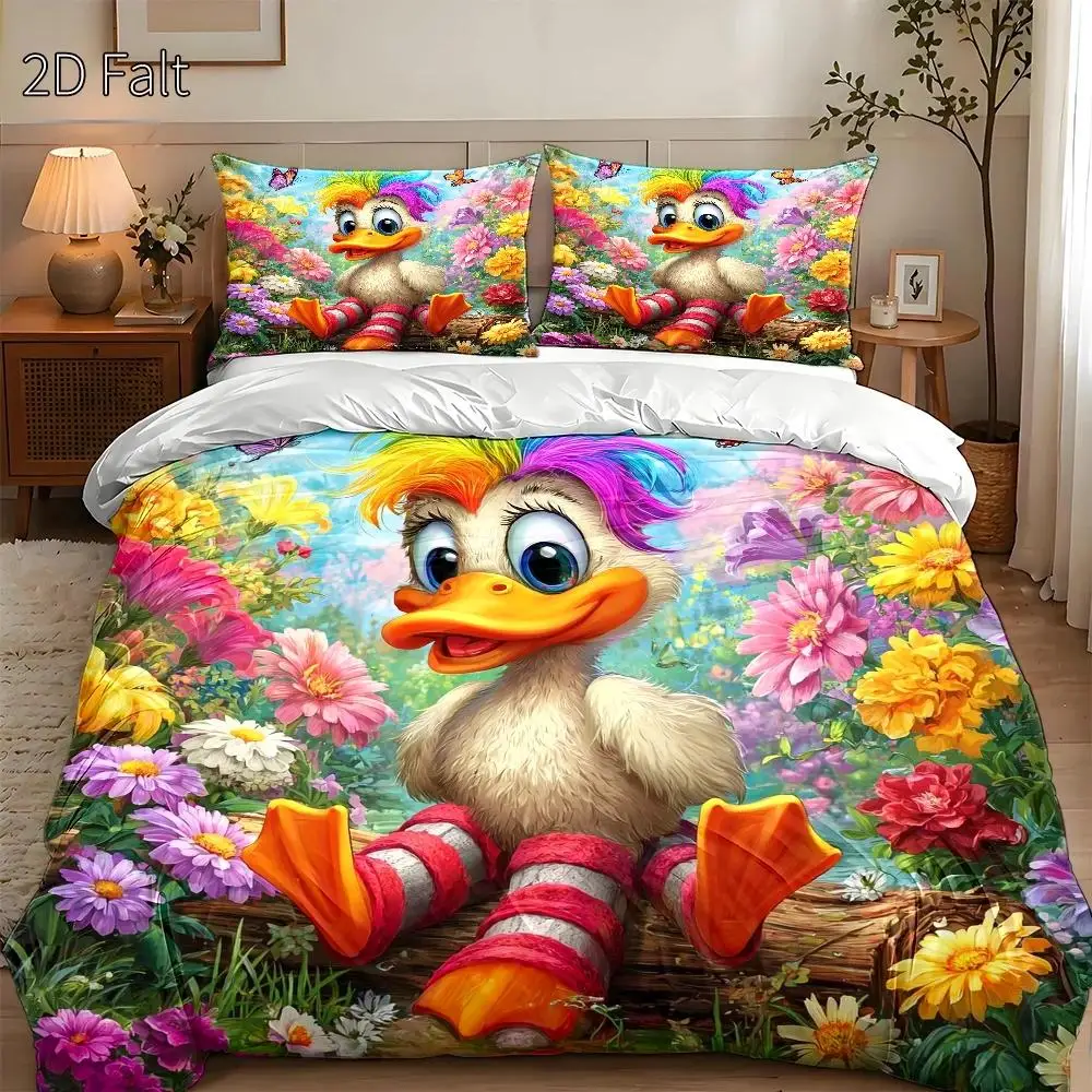 3-Piece Quilt Cover Set, 1 Quilt Cover + 2 Pillowcases (Without Filling), Cartoon Little Duck, Surreal Style, Spring, Home Decor, Large Quilt Cover Set, Suitable for All Seasons, Machine Washable, Invisible Zipper, Suitable for Home, Dormitory, Master Bedroom, Guest Room