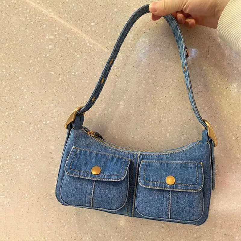 

Multi-pocket Denim Underarm Shoulder Bag,Casual Compact Women Handbag,Trendy All-Match Commuter Tote Bag,Daily Travel Purse