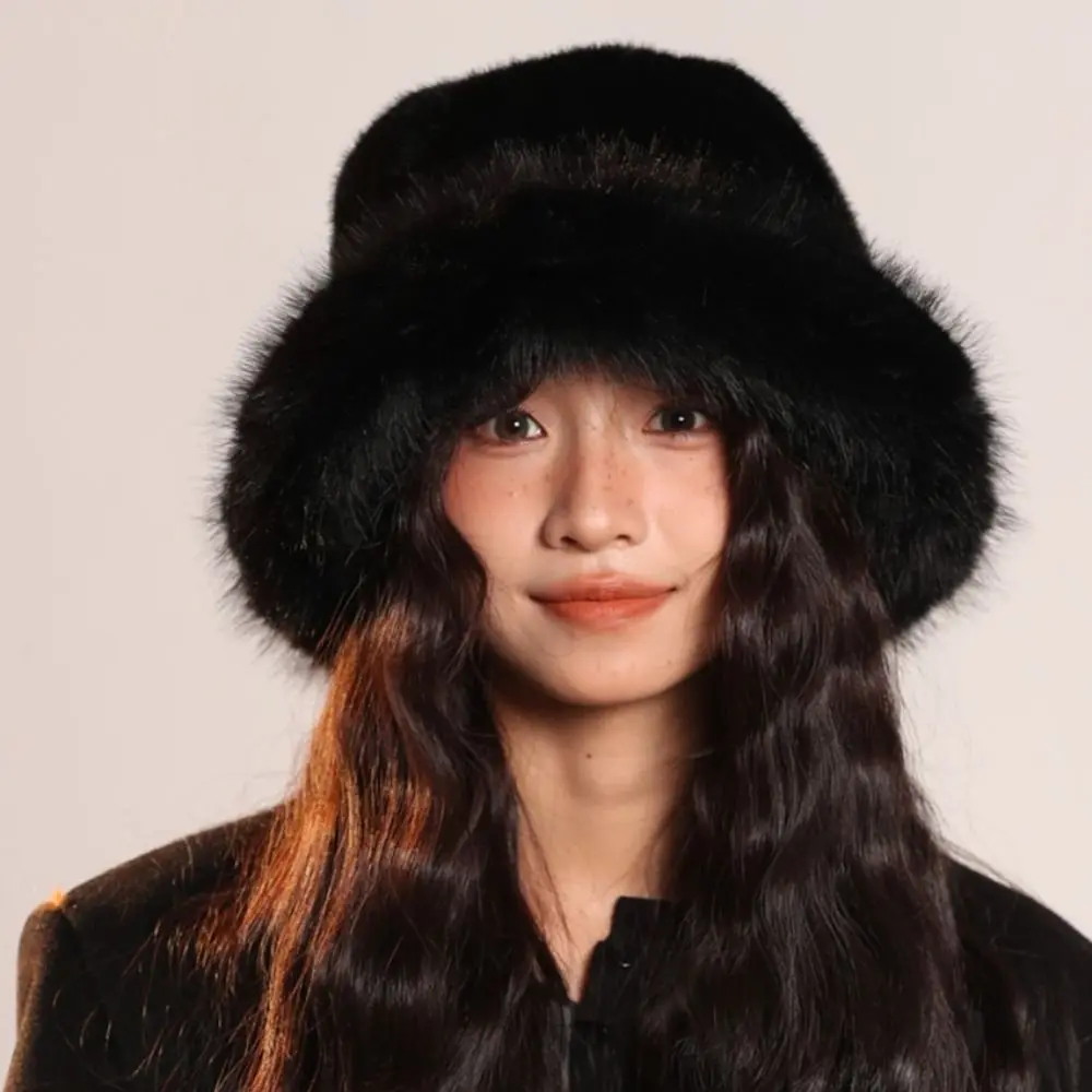 Personality Fluffy Hat Artificial Fur Hat Imitation Fur Warm Plush Bucket Hat Thickened All-match Winter Cap Outdoor
