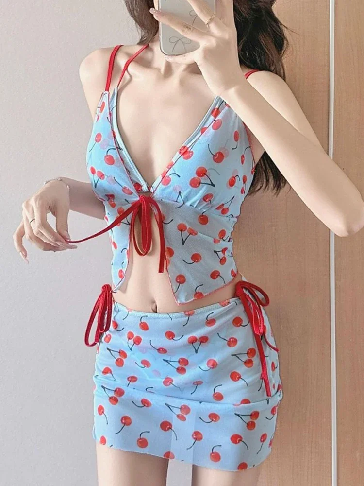 OIINAA ชุดว่ายน้ําผู้หญิงพิมพ์รูปแบบหัวใจแยกชุดว่ายน้ําตาข่าย Lace Up COVER-UPS กระโปรงฤดูร้อนเกาหลี Spice Girls ชุดบิกินี่