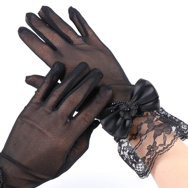 Gloves Ladies Short Elastic Black Lace Mesh Ruffle Bow Halloween Bridal Wedding Dress Accessory Soft Stretchy Cozy Lightweight