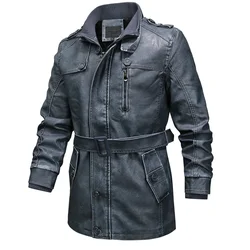 MaiDangDi Men's PU Leather Coat New Popular Multi Pull Chain Fake Button Solid Color Belt Leather Jacket for Men