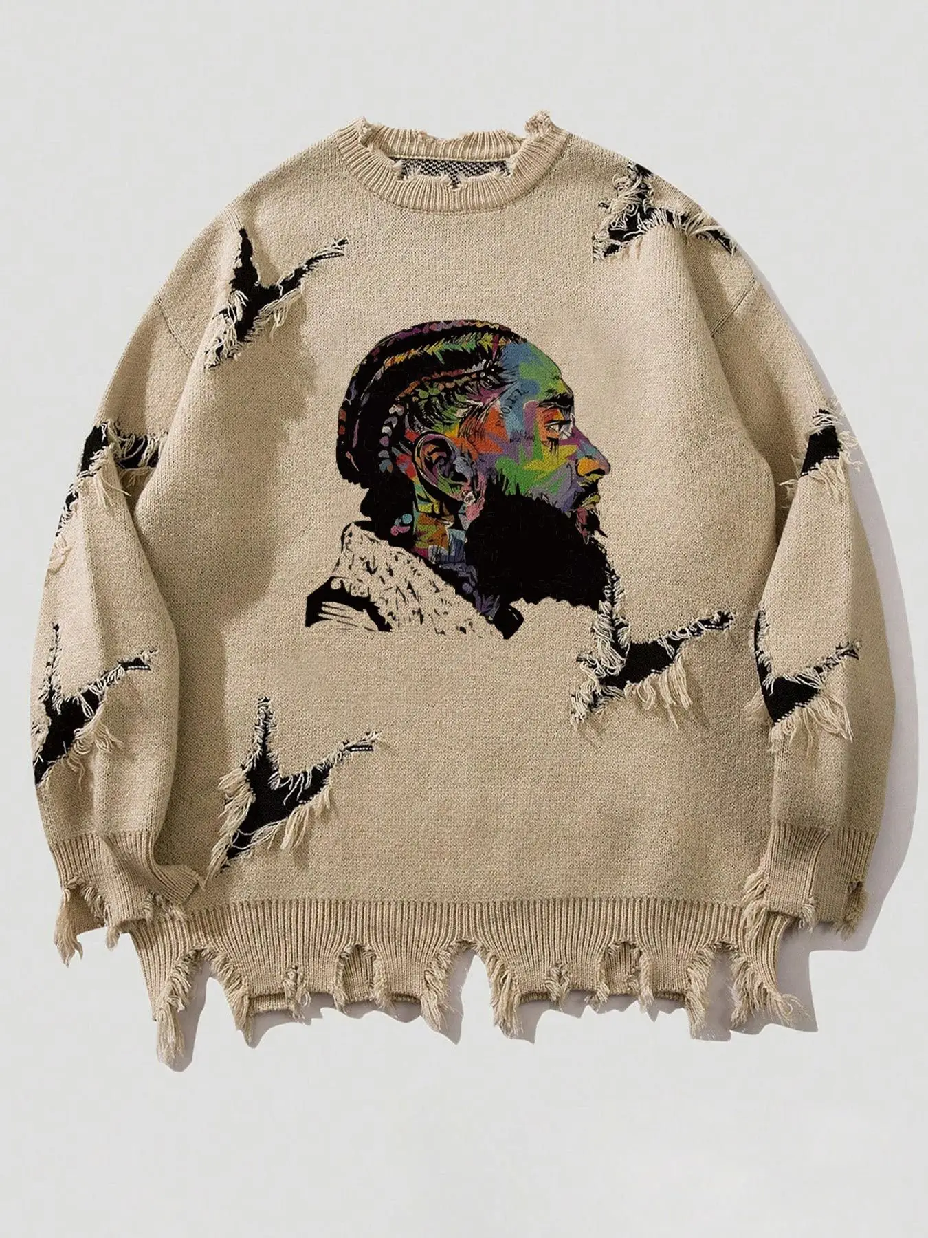 

Distressed Sweater Vintage Retro Distressed Sweater American Knitted Long-Sleeve Sweater Menswear Autumn Winter Pullover