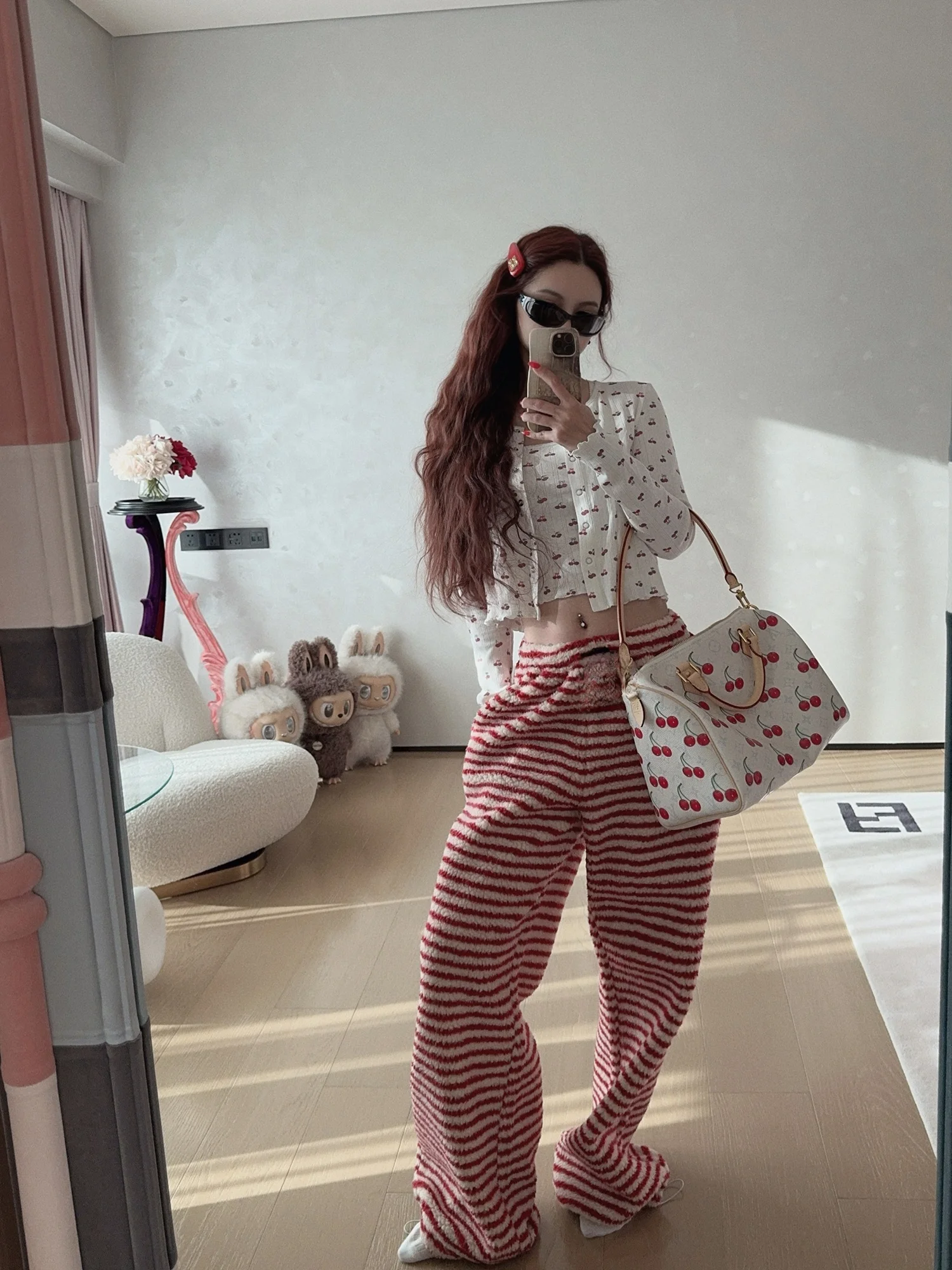 

Red Striped Wide Leg Pants Women's Winter Loose Elastic Waist Casual Trousers Furry Drapey Floor-Length Pants