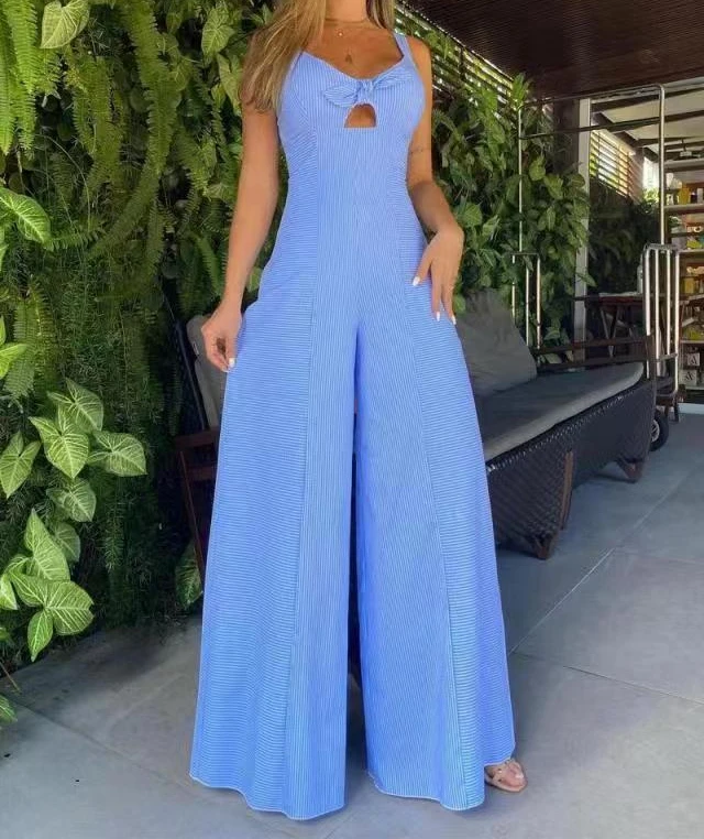 

Jump Suit Woman 2024 Summer Fashion Versatile Sleeveless Solid Casual Loose Striped Wide Leg Jumpsuit for Female Streetwear