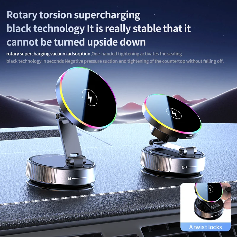 

15W Wireless Charger Magnetic Car Phone Holder Suction Cup Alloy Material RGB Light 360° Rotation Sucker for iPhone Samsung