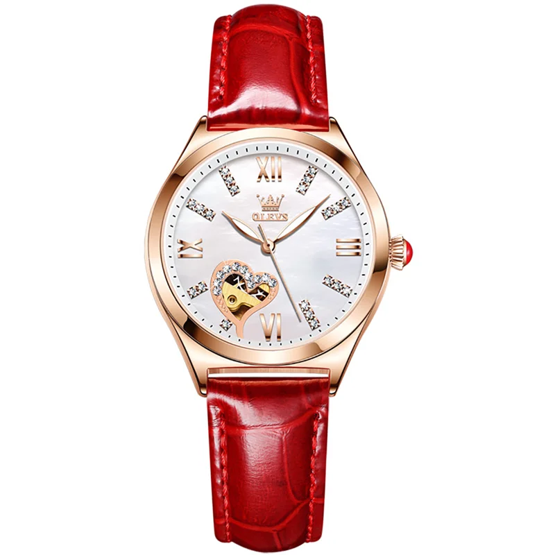 OLEVS-reloj mecánico automático para mujer, pulsera de cuero rojo con diamantes de imitación, marca de lujo, nuevo