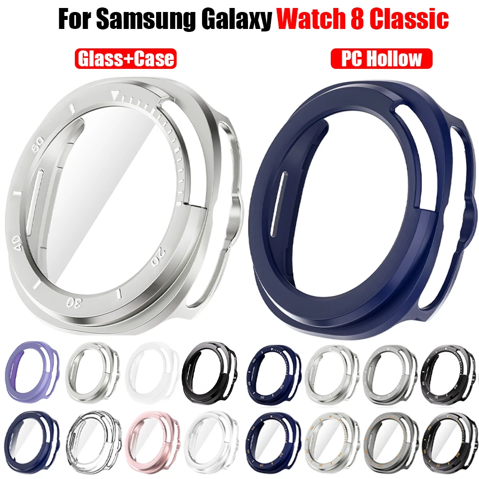 Schutzhülle für Samsung Galaxy Watch 8, klassischer PC, ausgehöhlte Abdeckung, schützende Stoßstangenschale, gehärtetes Glas, Bildschirmzubehör