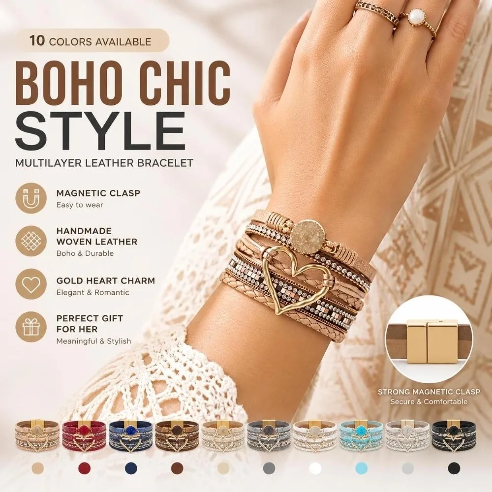 Multi-layer Heart Leather Magnetic Bracelet‌ Boho Magnetic Clasp Wide Cuff Bracelet Braided Woven Leather Bracelet Bangle