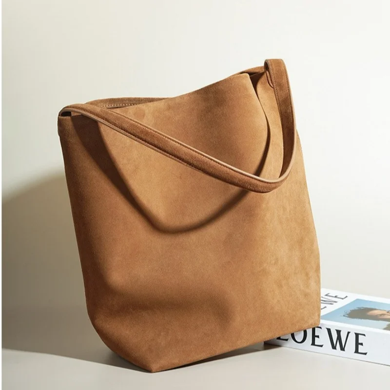 

Retro Suede Commuter Bucket Bag Soft-leather, Generously-sized Tote with Handle and Shoulder Strap
