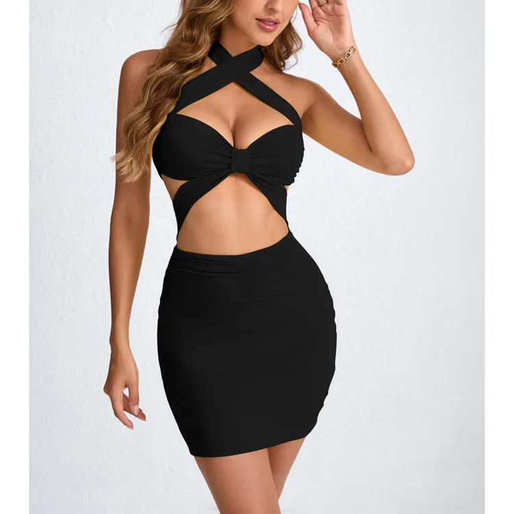 Sexy Bandage Dress Custom logo Halter Neck Mini Skirt Directly Tight Hip Skirt Wholesale S-2XL