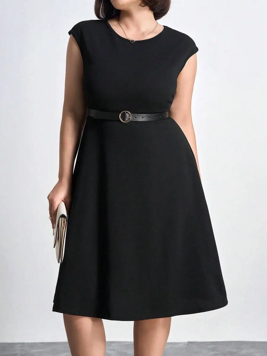 

Черное платье А-силуэта с короткими рукавами и круглым вырезом, с поясом, повседневное элегантное платье больших размеров