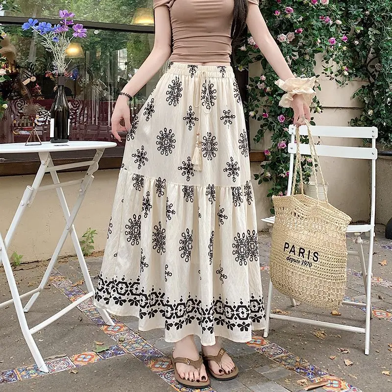 Elegant Summer Beach Dress High Waist Floral Print Ruffled Midi Printed Dress with Elastic Waistband Vintage Vacation Style S778