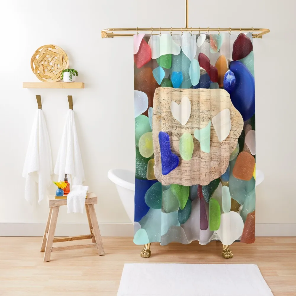 

Colorful Seaglass Love with Driftwood Shower Curtain Shower For Bathroom Washable Waterproof Fabric Shower Curtain