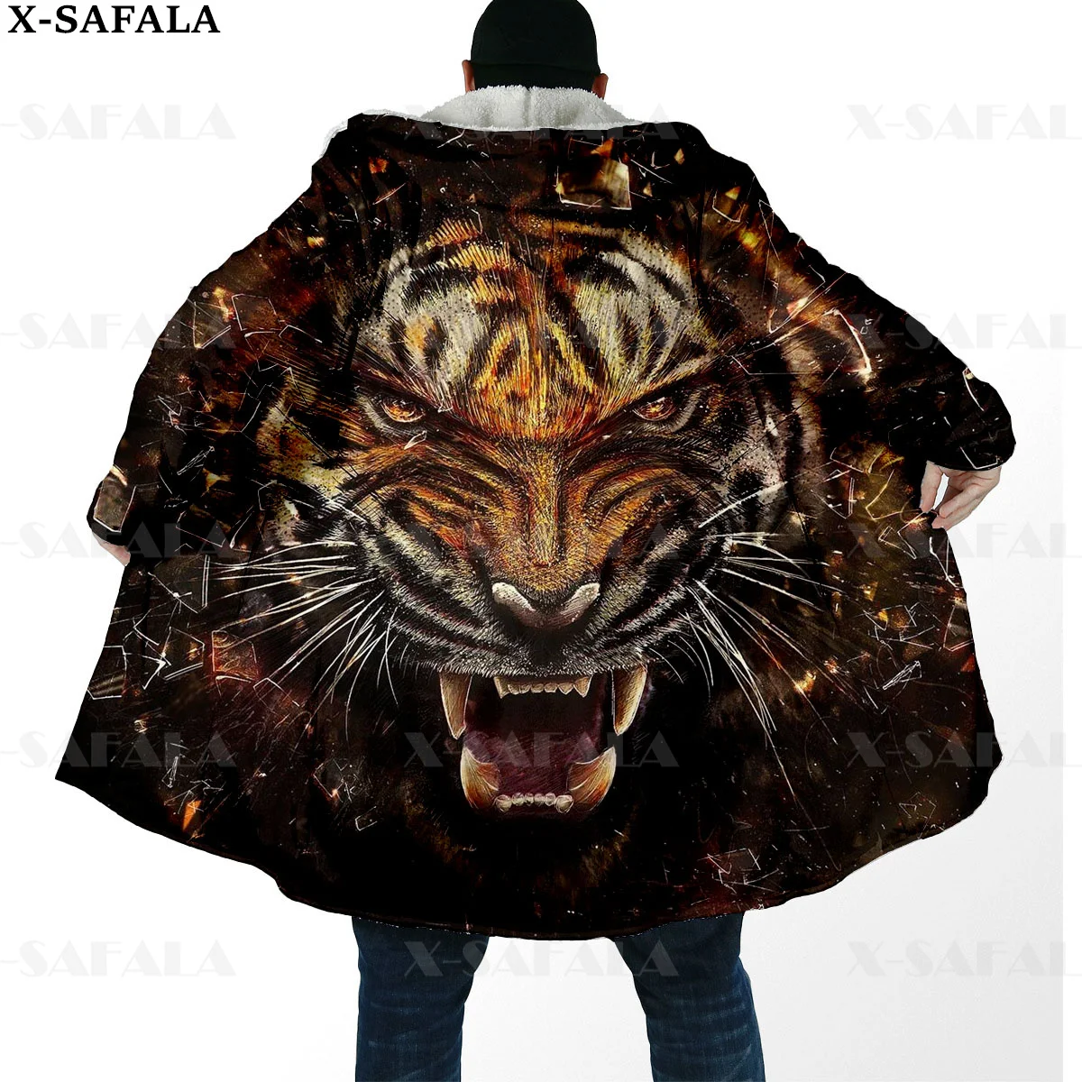 

Viking Tattoo Tiger Galaxy Tiger/Lion Thick Warm Hooded Cloak Men Overcoat Coat Windproof Fleece Cape Robe Hooded Blanket-5