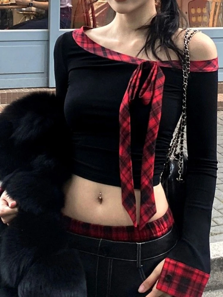 Korean Sexy Slash Neck Women T Shirts Y2K Fashion Patchwork Lace Up Crop Top Harajuku Streetwear Slim All Match Ladies Tees New