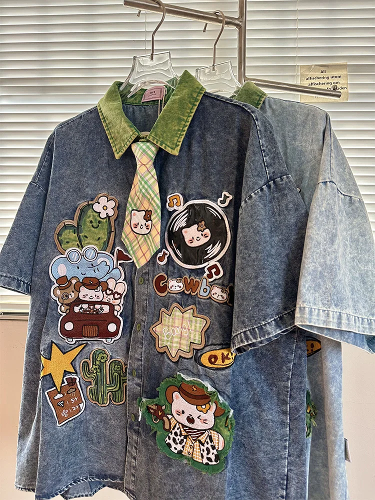 Summer and Autumn New American Retro Men's Loose Cartoon Embroidered Denim Short Sleeve Shirt Couple Casual Long Sleeve Shirt