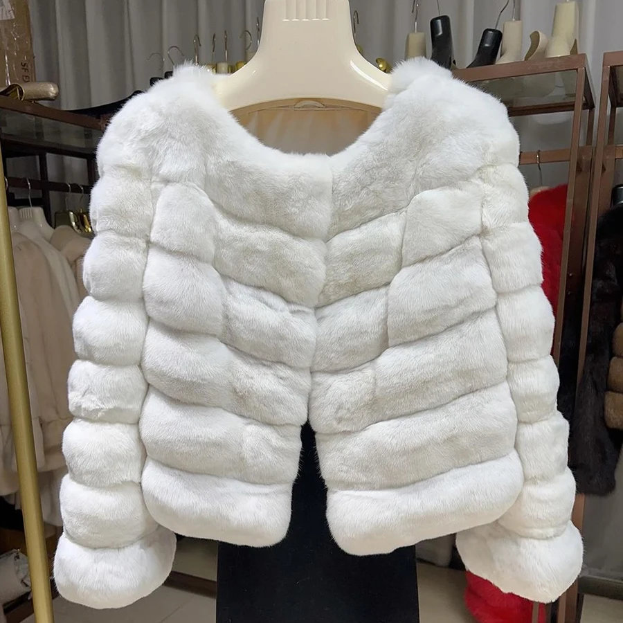 Natural Rabbit Fur Coat Women's Jackets Round Collar White Short Rex Rabbit Fur Coat 2024 Winter Fashion New Arrivals