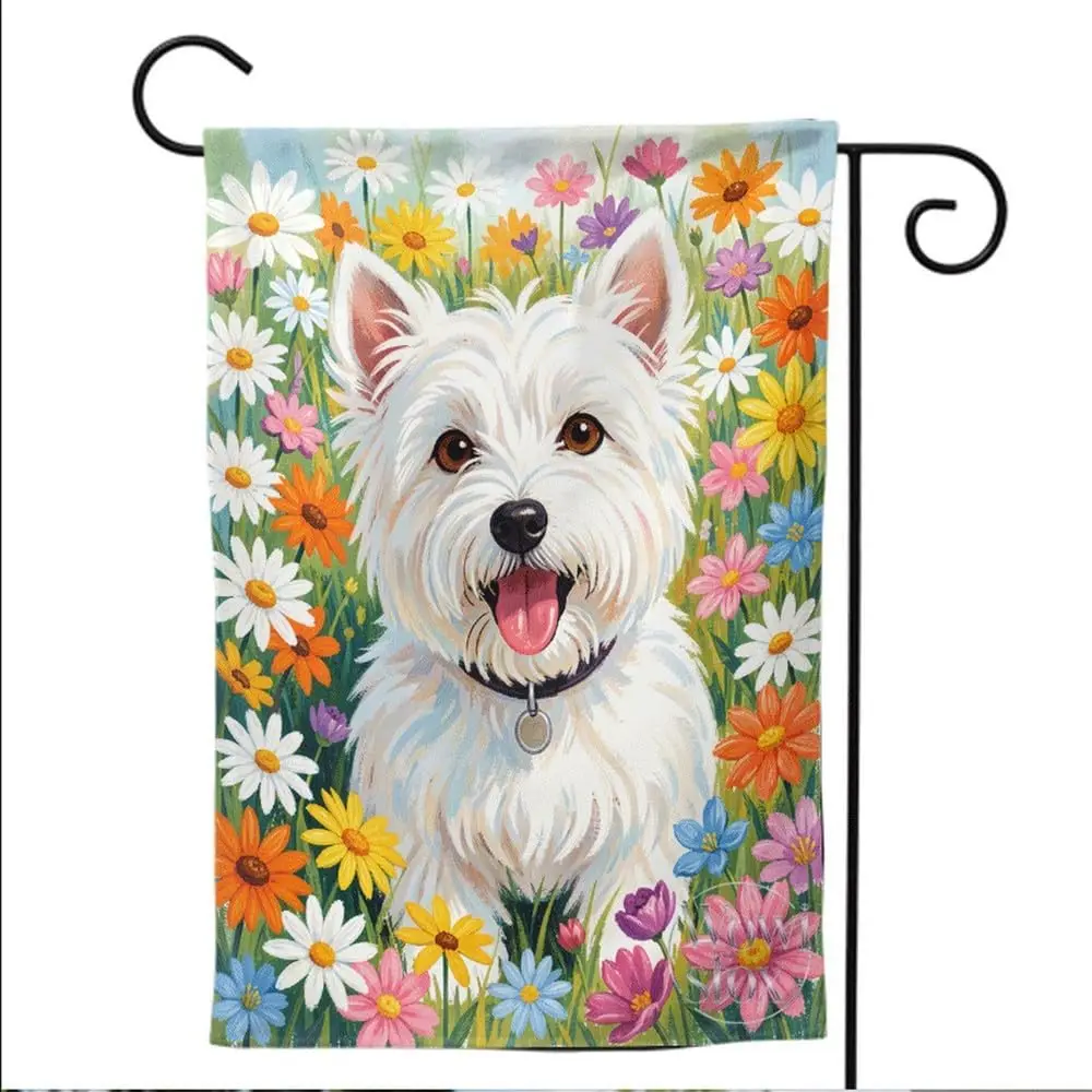 Garden Flag Colorful Daisy Westie 12x18 Inch, Double Sided Small Burlap, Spring Summer Dog Welcome Banner for Yard Porch AAS