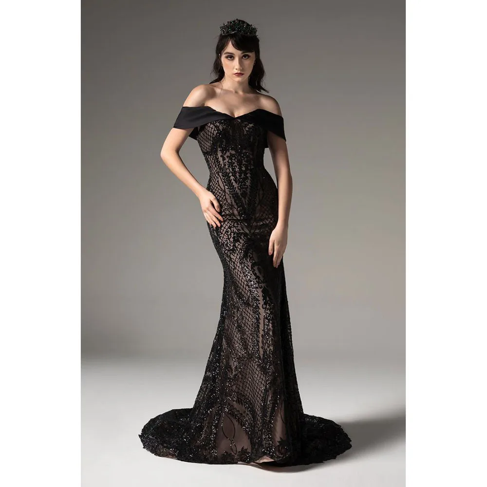 

Exquisite Black Lace Evening Party Dresses Off Shoulder Floor Length Trumpet Sleeveless High Quality Women Prom Banquet Gowns