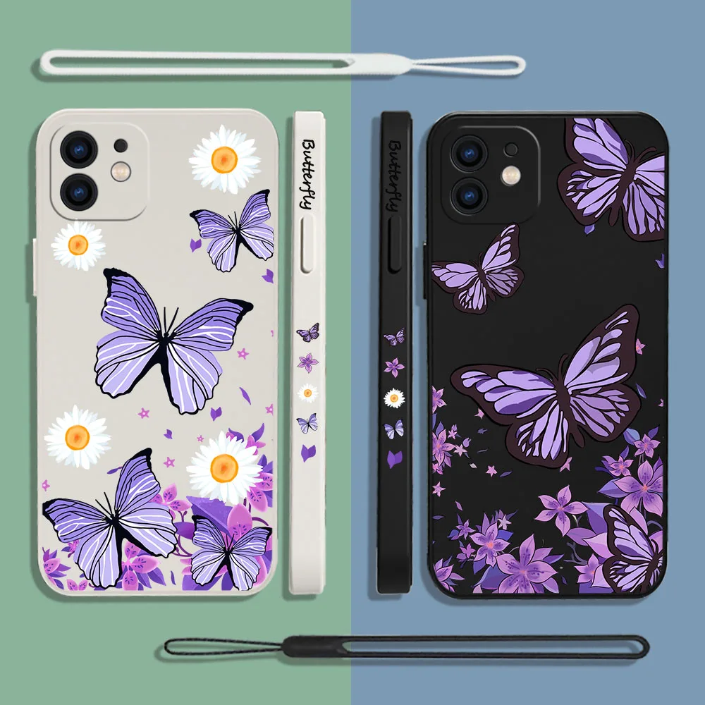 Purple Butterflies Phone Case For Samsung Galaxy S23 S22 S21 S20 Ultra FE S10 4G S9 S10E Note 20 10 9 Plus With Lanyard Cover