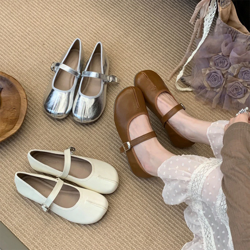 

Women Fashion Buckle Strap Casual Flats Ballerina Cozy Dress Shoes Mary Jane Ballet Leather Split Toe Shoes Tabi Loafers Shoes