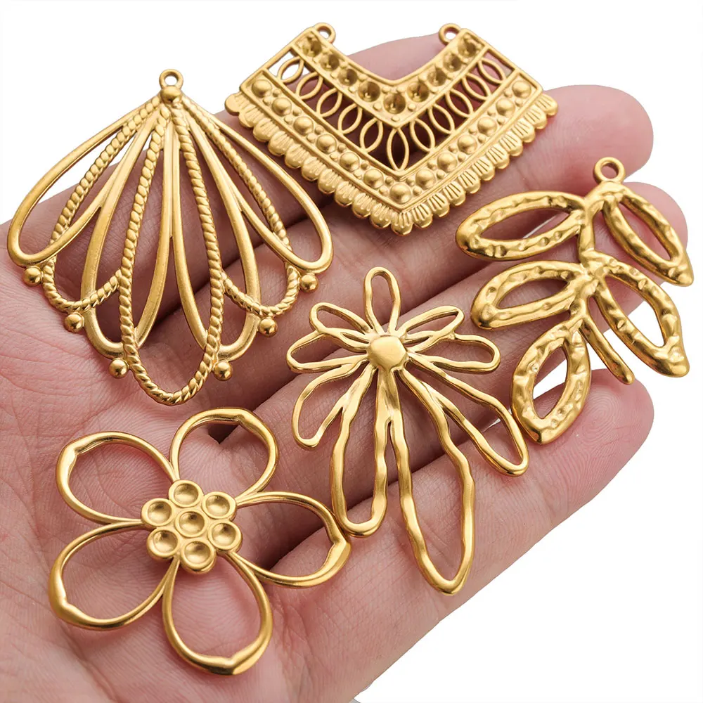 5pcs Stainless Steel Hollow Flower Charms Boho Gold Plated Fan Leaf Shape Pendant for DIY Necklace Earrings Jewelry Making