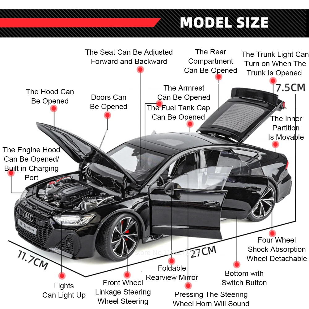 Coche de juguete grande de aleación 1:18 RS7 A6L, modelo fundido a presión, 6 puertas abiertas con luz de sonido, vehículos de dirección de rueda delantera para niños, regalos para adultos