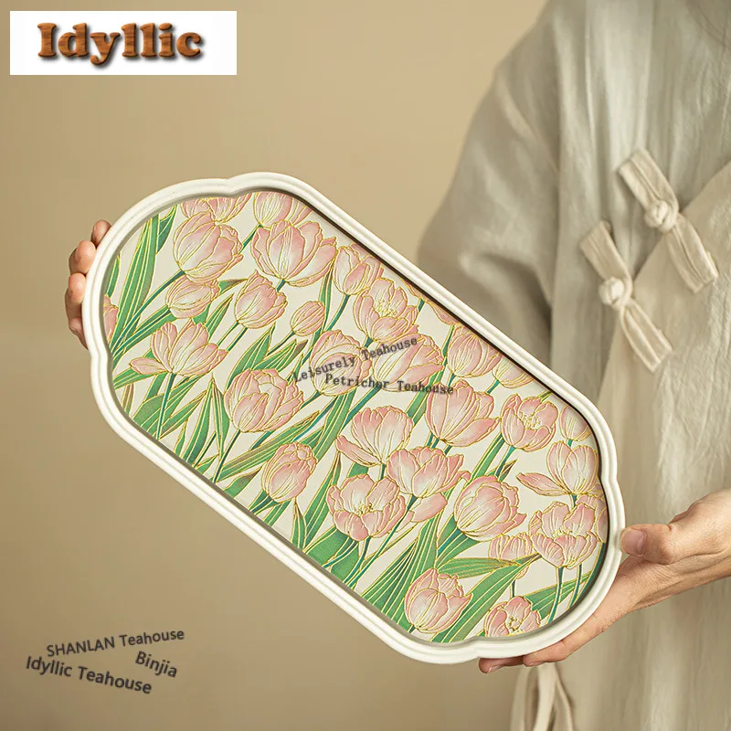 

Relief Gold Stamp Tulip Tea Tray Japanese Cuisine Table Coffee Storage Board Teapot Holder Dishes For Serving Tea Set Craft Gift