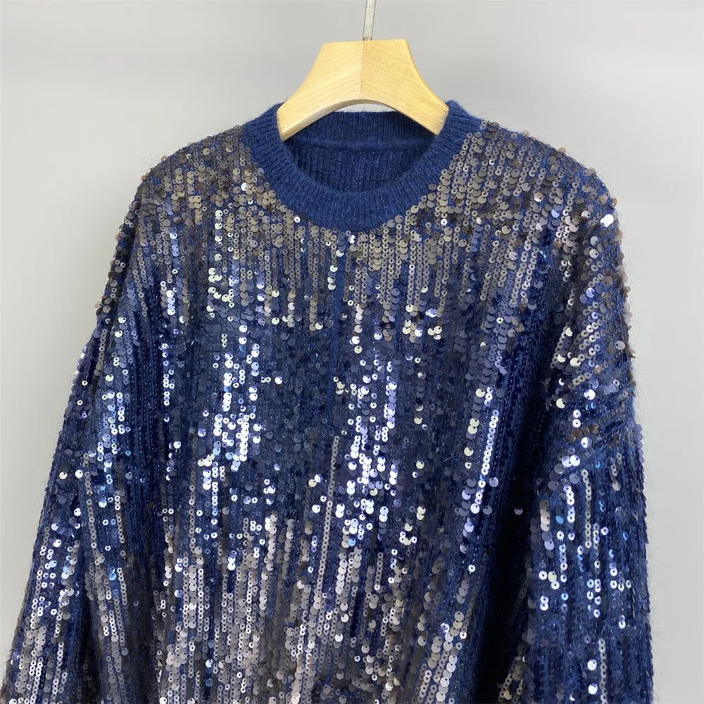 25 الخريف والشتاء جديد الراقية الجودة الصناعة الثقيلة التدرج الترتر الحصان الصوف مزيج بلوزة كاجوال