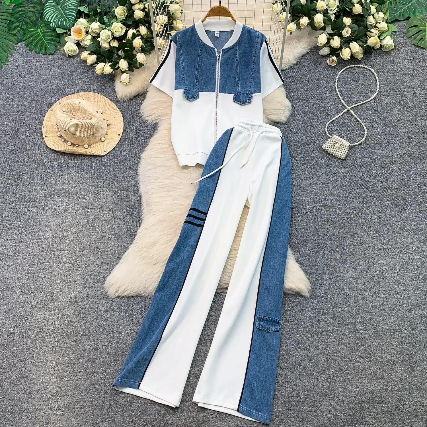 Denim Sets Woman Outfits Fashion Denim Spliced Zip Stand Collar Top Slim Wide Leg Pants Set Women's 2-piece Jeans Matching Set