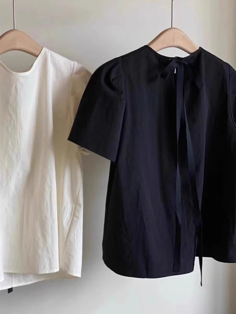 

Elegant Knot O-neck Top With Chic Bubble Sleeves For Women Summer Commute Black T-shirt