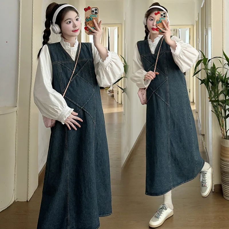 2025 Denim Pregnancy Set Autumn Chambray Shirt Pinafore Dress Two Piece Outfit Stylish Comfortable Chic Maternity Wear