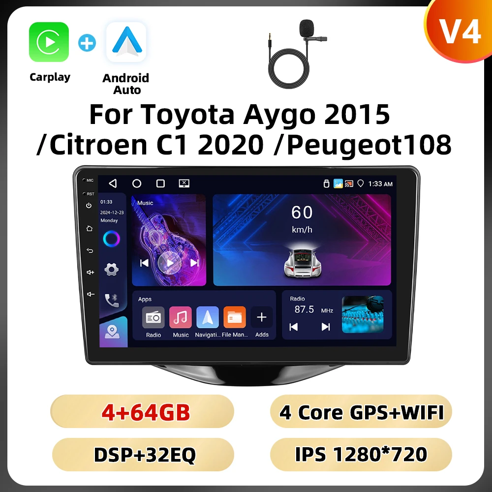 Podofo 8Core 2Din Autoradio Voor Toyota Aygo 2015/Citroen C1 2020/Peugeot 108 Multimedia Speler navigatie WIFI 4G Carplay DSP