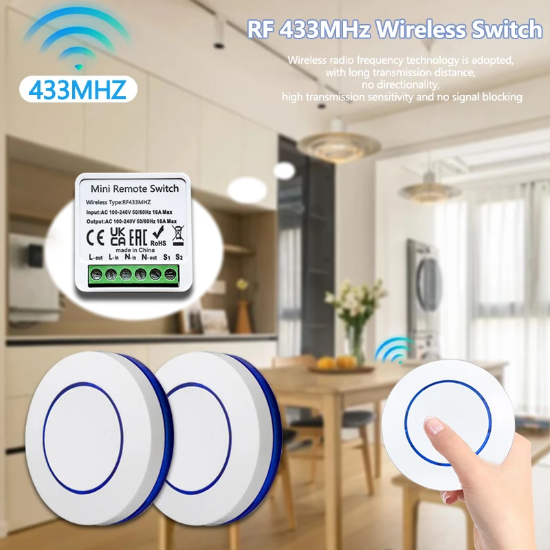 433HMz Wireless Light Switch 10A Relay Receiver RF Round Button Remote 110V 220V Mini Module LED Lamp Controller