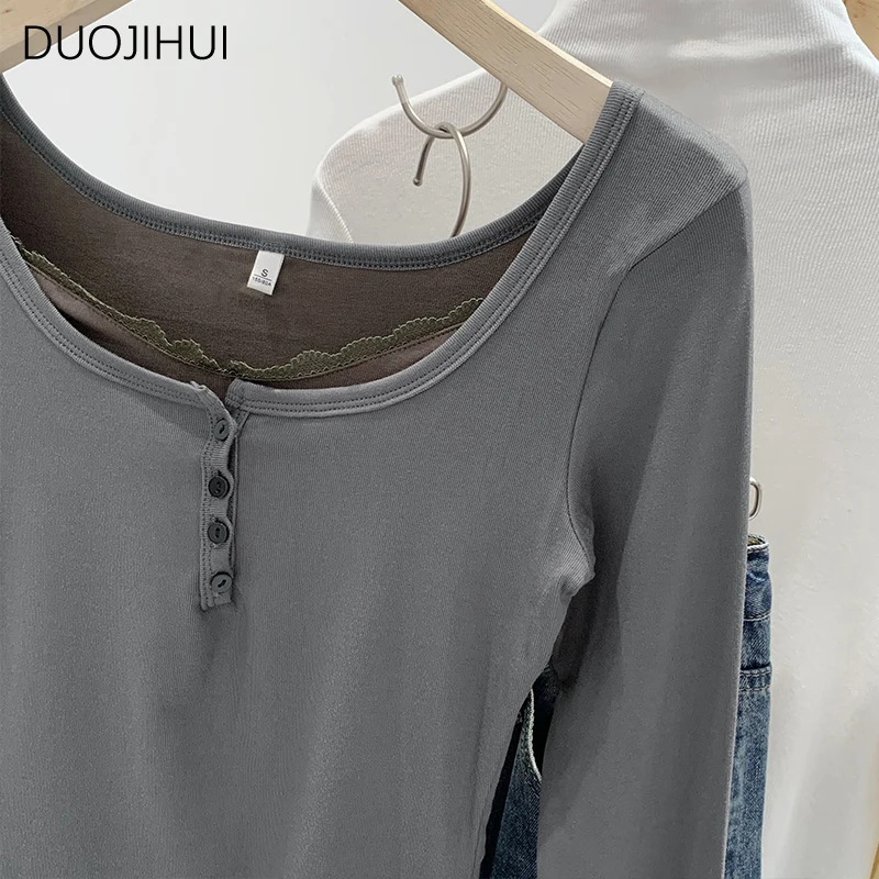 DUOJIHUI Spell Color Fake Two Piece Chic Lace Women T-shirts Autumn New Basic Long Sleeve Fashion Simple Casual Female T-shirts