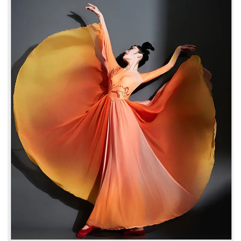 Long Orange Chinese Modern Dance Dress For Women Classic Opening Dance Performance Clothing