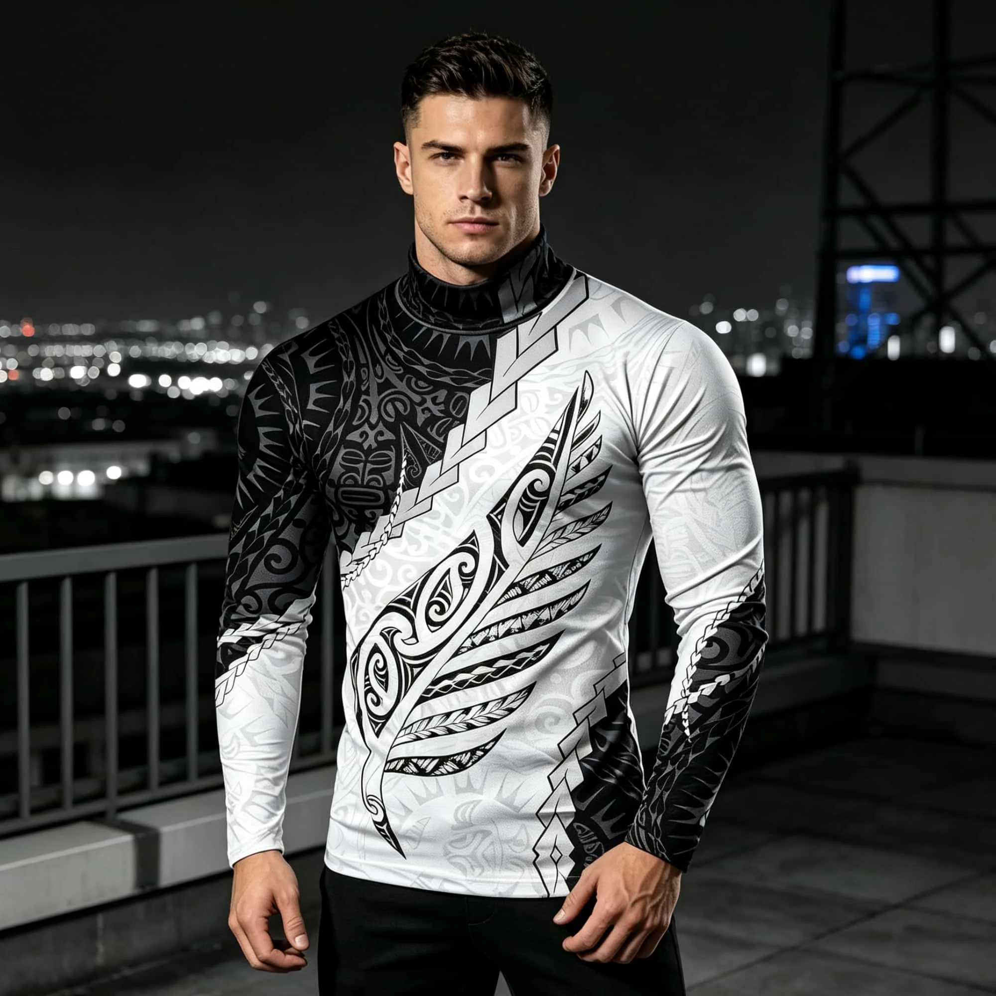 Ethnic Maori Style Men Mock Neck Long Sleeve Tee Black White Contrast Tribal Pattern Print Breathable Daily Street Pullover