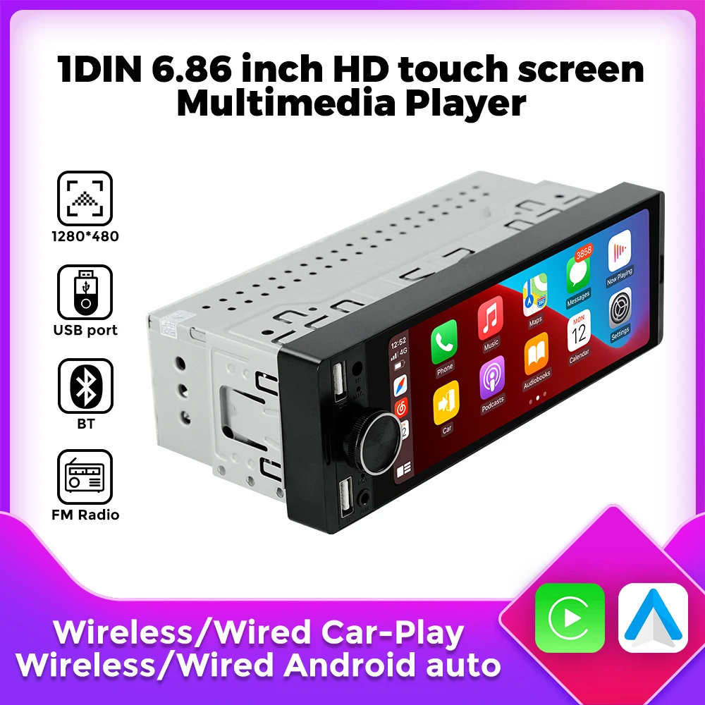 MEKEDE 1din 6.86-inch Universal Car Multimedia Smart Screen Wired Wireless Andriod Auto CarPlay FM Auto Radio Stereo BT USB TF