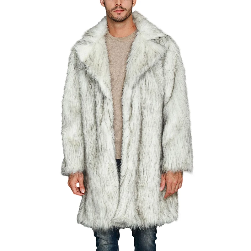 YILEEGOO Men Winter Faux Fur Coat Long Sleeve Lapel Collar Open Front Faux Fur Fluffy Jacket Outwear