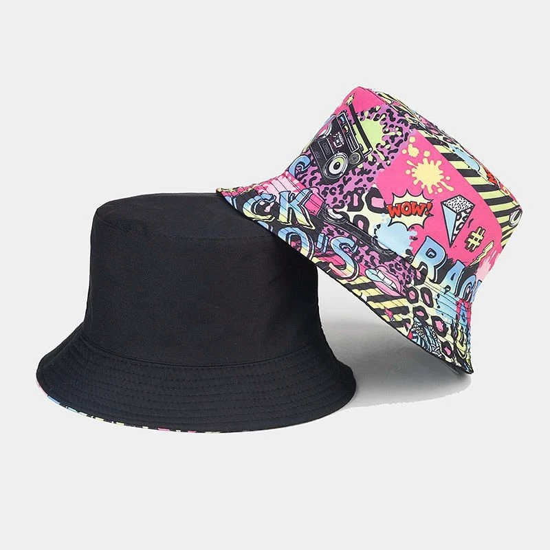 Reversible Graffiti Print Bucket Hat Unisex Casual Sun Hat Foldable Outdoor Fisherman Cap for Men Women