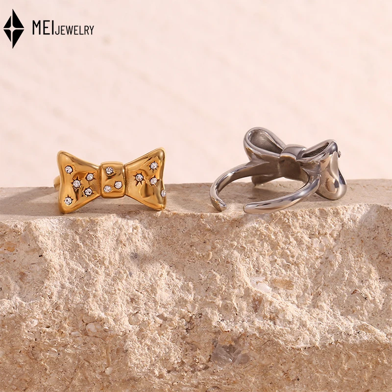 Ins Fashion Niche Design Personalized Jewelry Stainless Steel Micro Inlaid Cubic Zirconia Bow Opening Ring For Women
