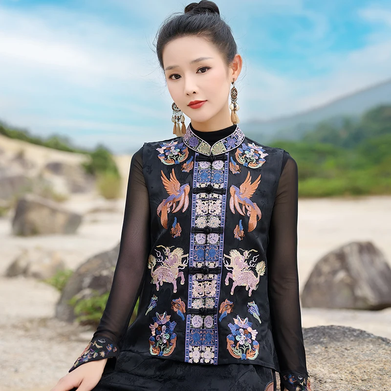 New Chinese Style Women's Embroidered Vest Stand Collar Buttonless Sleeveless Jacket Satin Fabric Regular Thickness Outerwear