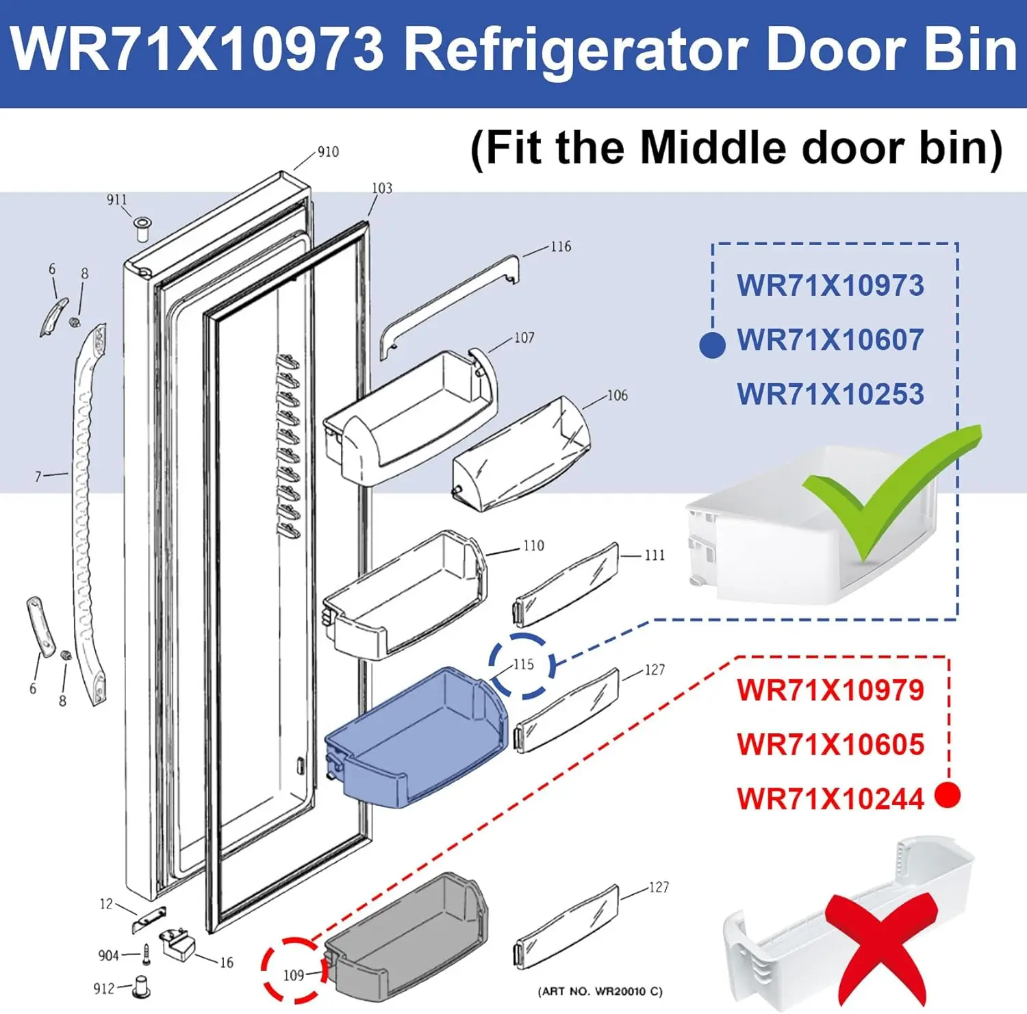 WR71X10973 Fridge Door Shelf Compatible for GE/HotPoint Middle (No Front) Fits WR71X10253,WR71X10607,2313915,AP5628753,PS3513394